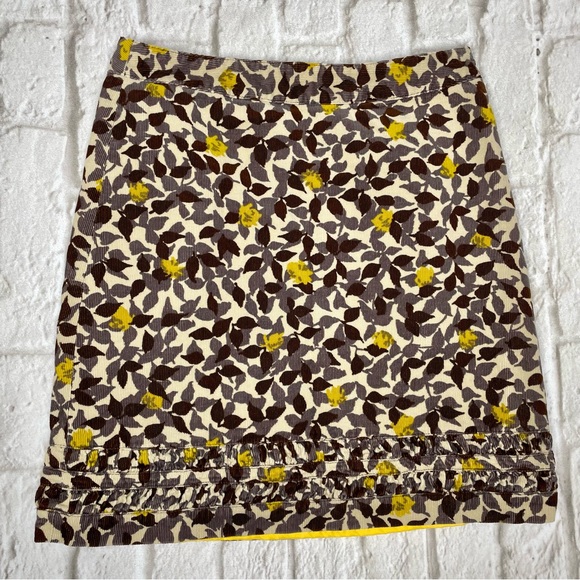 Boden Corduroy Floral Skirt Women’s 6 Brown Yellow Ruched Hem Leaves Lined - Picture 4 of 8
